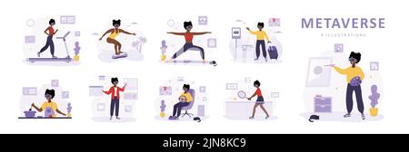 Metaverse-Konzept. Afrikanische Frauen in VR-Headsets arbeiten, Sport treiben und malen. Videospiel-Simulator. Moderne technologische Unterhaltung. Satz von Stock Vektor