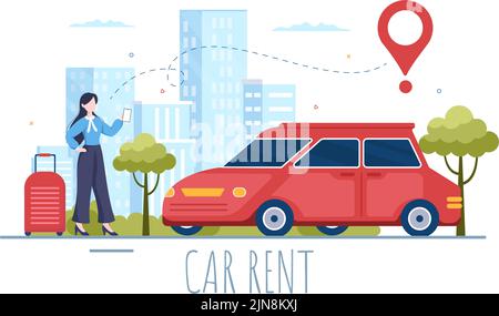 Autovermietung, Reservierung und gemeinsame Nutzung mit Service Mobile Anwendung mit Route oder Punkte Lage in Hand gezeichnet Cartoon flache Illustration Stock Vektor