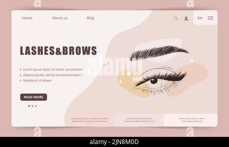 Vorlage für die Landing Page mit Wimpern und Brauen. Lineare weibliche Augen. Elegantes Logo für den Schönheitssalon. Vektor-Illustration in flachen Cartoon-Stil. Website-Design Stock Vektor