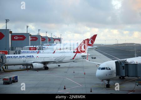 Turkish Airlines Flugzeuge am internationalen Flughafen Istanbul. Stockfoto