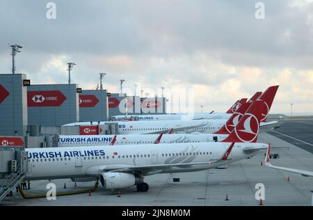 Turkish Airlines Flugzeuge am internationalen Flughafen Istanbul. Stockfoto