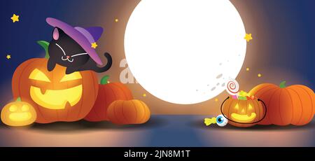 Halloween Feier Illustration Banner mit Gruppe von glühenden geschnitzten Kürbisse auf einem Mondlicht Himmel Hintergrund. Niedliche schwarze Katze mit Hexenhut. Stock Vektor