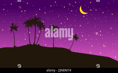 Tropische Meeresküste, Nachtlandschaft, Palmen, Mondlicht. Sommer exotische Szenenansicht, Silhouette Stock Vektor