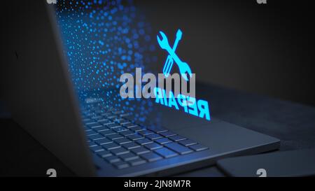 Reparaturtechnik Laptop Konzept 3D Render Stockfoto