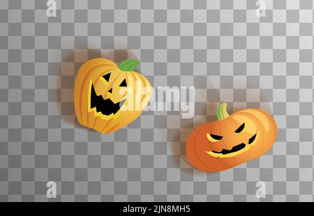 Set aus zwei glühenden geschnitzten Halloween Kürbisse Tisch Draufsicht flach legen Stock Vektor