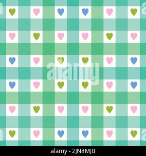 Überprüfen Muster Hintergrund mit Herzen. Vektor nahtlose Wiederholung Gingham Karo in grün. Stock Vektor