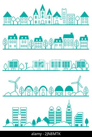 Satz einfacher Stadtbild-Linienzeichnungen isoliert auf Weißem Hintergrund. Vektorgrafik. Stock Vektor
