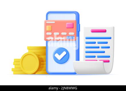 3D Smartphone mit Papierrechnung, Bankkarte und Münze Stock Vektor
