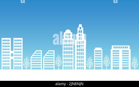 Nahtlose Stadtlandschaft Silhouette mit Textfläche auf blauem Hintergrund, Vektorgrafik. Horizontal Wiederholbar. Stock Vektor