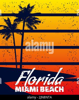 Poster im Retro-Look von Florida Miami Beach bei Sonnenuntergang. Poster grunge Palmen Silhouetten Stock Vektor