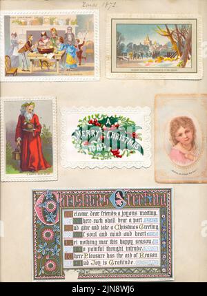 Typische viktorianische Albumseite mit Weihnachtskarten 1872 Stockfoto