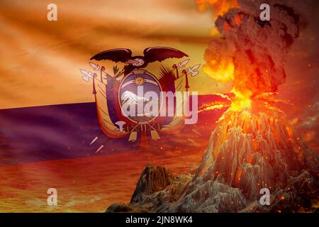 Großer Vulkanausbruch in der Nacht mit Explosion auf Ecuador Flagge Hintergrund, leiden unter Katastrophe und vulkanisches Erdbeben konzeptionelle 3D Illustration Stockfoto