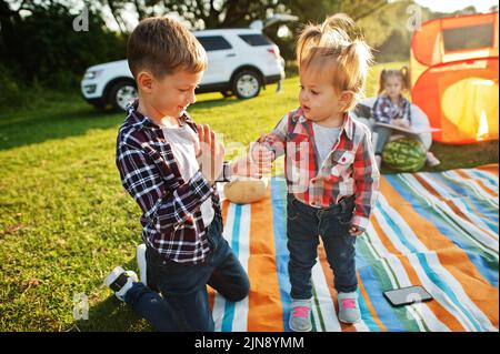Kinder verbringen Zeit miteinander. Picknickdecke im Freien. Bruder und Schwester lieben. Stockfoto