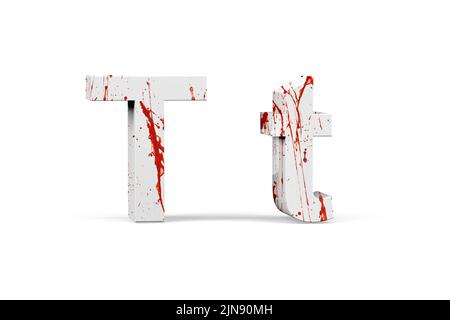 Blutiger Buchstabe - dreidimensionaler Groß- und Kleinbuchstabe mit Textur aus Blut auf weißem Hintergrund - 3D Render Stockfoto