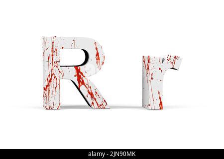 Blutiger Buchstabe - dreidimensionaler Groß- und Kleinbuchstabe mit Textur aus Blut auf weißem Hintergrund - 3D Render Stockfoto