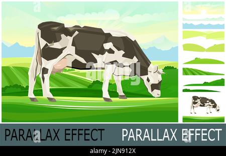 Die Kuh weidet in der Weidelandschaft. Schwarz und weiß Rasse. Wiesengras. Bild aus Ebenen für Überlagerung mit Parallaxe-Effekt. Ländliche, rustikale Aussicht. Zoll Stock Vektor