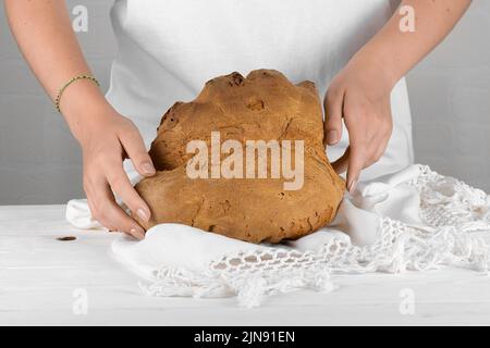 Weibliche Hände, die das Brot von Miera, Pane di Miera auf weißem Hintergrund, typisch süditalienisches Sauerteig Brot Stockfoto