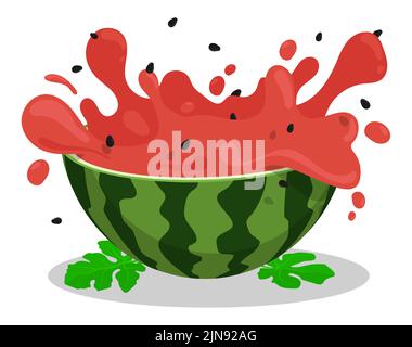 In Scheiben geschnittene Wassermelone mit Spritzern und Wellen von Wassermelonenpulpe und Saft. Cartoon realistische Vektor auf weißem Hintergrund isoliert Stock Vektor
