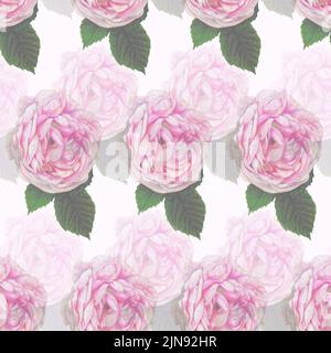 Nahtloses Muster mit handgemachten rosa Rosen auf türkisfarbenem Hintergrund. Vintage-Illustration. Stockfoto