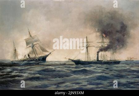 Dieses Kunstwerk aus dem Jahr 1922 zeigt den Untergang des konföderierten Schiffes CSS Alabama nach ihrem Kampf mit der USS Kearsarge (rechts). Alabama war die Geißel Stockfoto