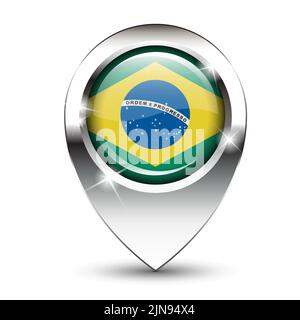 Brasilianische Flagge auf Hochglanzkartennadel, vor weißem Hintergrund mit Schatten. Vektorformat EPS10 Stock Vektor