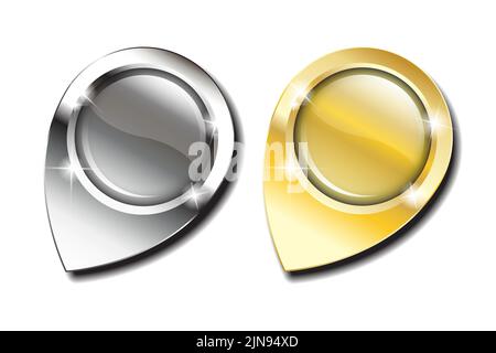 Goldene und silberne Kartenstifte, die Platz für Text oder Bild bieten, vor weißem Hintergrund mit Schatten. Vektorformat EPS10 Stock Vektor