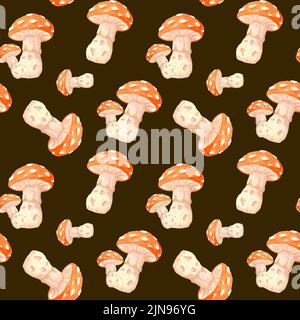 Aquarellmuster mit Pilzen. Amanita mit rotem Pilz. Von Hand gezeichnet. Design für Verpackungen, Textilien, Schreibwaren Stockfoto