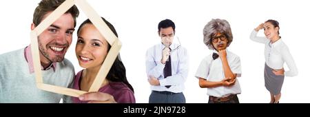 Mehrere Personen verschiedener Berufe gegen Kopierplatz auf weißem Hintergrund Stockfoto