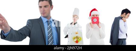Mehrere Personen verschiedener Berufe gegen Kopierplatz auf weißem Hintergrund Stockfoto