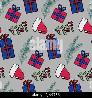 Weihnachtliche Vektorgrafik nahtloses Muster für Urlaubsgestaltung. Muster mit Geschenken, Weihnachtsschmuck, Zweigen eines Weihnachtsbaums und weihnachtsmütze. Stock Vektor