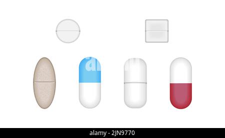 Vektor-Set mit Pillen. Kapseln, Ferkel in verschiedenen Formen auf weißem Hintergrund. Schmerzmedizin, Viren, Nahrungsergänzungsmittel, Antibiotika Stock Vektor