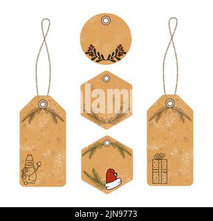 Sammlung von Papier, Vintage-Tags für Weihnachten und Neujahr mit einer Grunge-Textur mit einem Schneemann, Geschenke und Tannenzweigen. Leere Designvorlage Stock Vektor