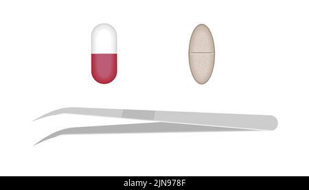Vektor-Set mit Metallpinzette und Drogen. Medizinische Instrumente. Chirurgie, Kosmetologie. Medizinische Zepsen auf weißem Hintergrund. Stock Vektor
