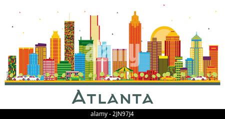 Atlanta Georgia USA City Skyline mit farbigen Gebäuden und blauem Himmel isoliert auf Weiß. Vektorgrafik. Business Travel und Tourismus Konzept. Stock Vektor