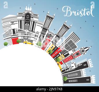 Skyline von Bristol UK mit farbigen Gebäuden, blauem Himmel und Kopierbereich. Vektorgrafik. Bristol England Stadtbild mit Wahrzeichen. Stock Vektor