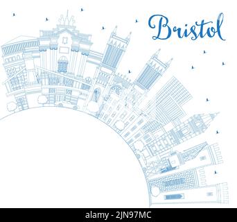 Skizzieren Sie die Skyline von Bristol UK mit blauen Gebäuden und Kopierflächen. Vektorgrafik. Bristol England Stadtbild mit Wahrzeichen. Stock Vektor