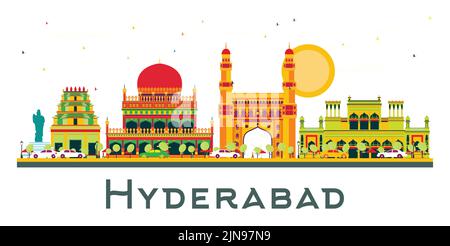 Hyderabad India City Skyline mit farbigen Gebäuden und blauem Himmel isoliert auf Weiß. Vektorgrafik. Business Travel und Tourismus Konzept. Stock Vektor