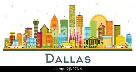 Dallas Texas USA City Skyline mit farbigen Gebäuden und blauem Himmel isoliert auf Weiß. Vektorgrafik. Business Travel und Tourismus Konzept. Stock Vektor