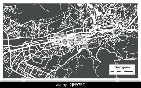 Sarajevo Stadtplan Bosnien und Herzegowina in Schwarz-Weiß-Farbe im Retro-Stil. Übersichtskarte. Vektorgrafik. Stock Vektor