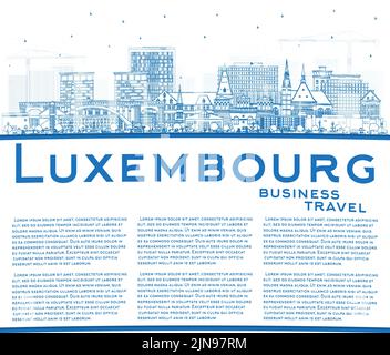 Skizzieren Sie die Skyline von Luxemburg mit blauen Gebäuden und Kopierflächen. Vektorgrafik. Luxemburgisches Stadtbild mit Wahrzeichen. Geschäftsreisen und Touren Stock Vektor