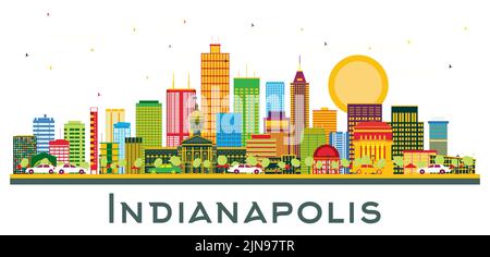 Indianapolis USA City Skyline mit farbigen Gebäuden und blauem Himmel isoliert auf Weiß. Vektorgrafik. Reise- und Tourismuskonzept. Stock Vektor