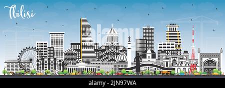 Tiflis Georgia City Skyline mit farbigen Gebäuden und blauem Himmel. Vektorgrafik. Stadtbild von Tiflis mit Wahrzeichen. Stock Vektor