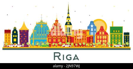 Skyline von Riga, Lettland, mit farbigen Gebäuden, isoliert auf Weiß. Vektorgrafik. Business Travel und Tourismus Konzept mit historischer Architektur. Stock Vektor