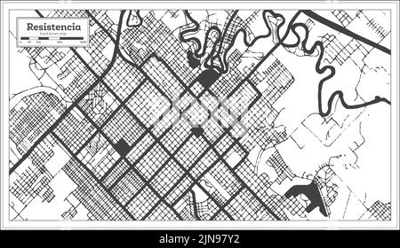 Resistencia Argentina Stadtplan in Schwarz und Weiß Farbe im Retro-Stil isoliert auf Weiß. Übersichtskarte. Vektorgrafik. Stock Vektor