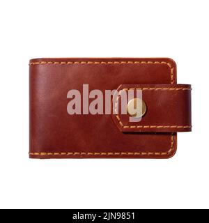 Luxus Craft Visitenkartenhalter Etui aus Leder. Braune Lederbox für Karten isoliert auf weißem Hintergrund. Stockfoto