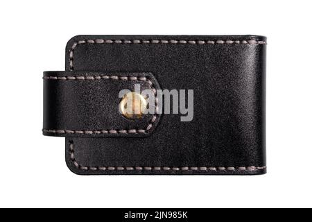 Luxus Craft Visitenkartenhalter Etui aus Leder. Schwarze Lederbox für Karten isoliert auf weißem Hintergrund. Stockfoto