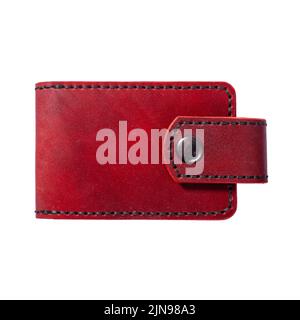 Luxus Craft Visitenkartenhalter Etui aus Leder. Rote Lederbox für Karten isoliert auf weißem Hintergrund. Stockfoto