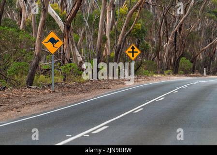 Kangaroo Warnschild an der Landstraße an einem Tag, Kangaroo Island, Südaustralien Stockfoto