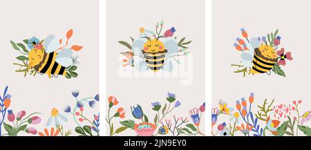 Vector niedliche Komposition mit Wildblumen blühenden und Honigbienen auf pastellfarbenem Hintergrund. Komposition für Ihre Grußkarten, Etiketten, Postkarten. Vektorgrafik. Stock Vektor