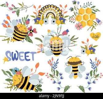 Kompositionen mit blühenden Wildblumen und niedlichen Honigbienen, Regenbögen, Waben. Komposition für Ihre Grußkarten, Etikettendesign, Banner. Konzept für Bio-Produkte. Vektorgrafik. Stock Vektor